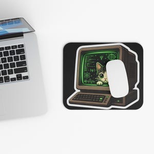 Quantum Cat Terminal Mouse Pad, Retro Sci-Fi Desk Mat | Programmer