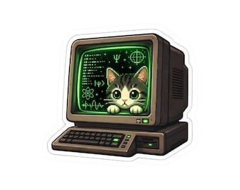 Quantum Cute Cat Terminal Kiss-Cut Sticker, Retro Sci-Fi Computer Decal