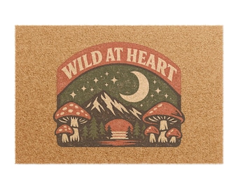 Wild at Heart Retro Nature Doormat, Mushroom Mountain Outdoor Mat, Outdoorsy Home Decor