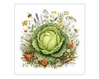 Cottage Cabbage Garden Kiss-Cut Sticker, Cottagecore Gift for Gardener, Garden Gift