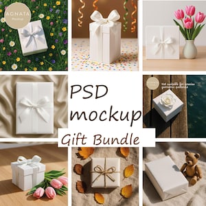 Könnte beinhalten: Eine Sammlung weißer Geschenkboxen mit Satinbändern, präsentiert in verschiedenen Umgebungen. Einige Boxen sind mit Blumen, Konfetti oder Herbstblättern kombiniert. Der Text "PSD mockup Gift Bundle" ist enthalten.