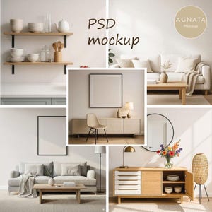 Könnte beinhalten: Eine Sammlung von Innendesign-Vorlagen mit Holzregalen samt Küchenutensilien, einem Wohnzimmer mit Sofa und Couchtisch, einem leeren Wandrahmen, einem Sideboard mit Stuhl sowie einem Holzschrank mit Schubladen und einer Blumenvase.