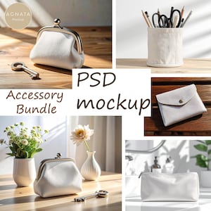 Könnte beinhalten: Eine Sammlung weißer Accessoires, darunter ein Münzbeutel, ein Schlüssel, ein kleines Portemonnaie und eine Kosmetiktasche. Das Bild zeigt auch einen Stifthalter mit Bleistiften und Scheren sowie kleine Vasen mit Blumen. Der Text "PSD mockup" und "Accessory Bundle" sind sichtbar.