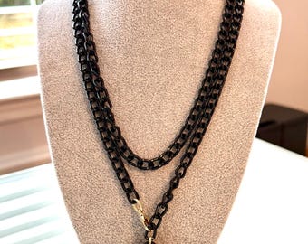 Black heart pendant necklace with a long black enamel chain 36” length