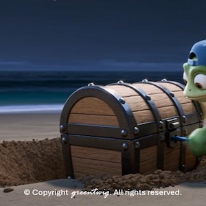Könnte beinhalten: Eine grüne Zeichentrick-Eidechse mit einer blauen Baseballkappe öffnet eine hölzerne Schatztruhe mit Metallbändern und Nieten. Die Truhe ist teilweise im Sand vergraben. Der Text "© Copyright greentwig. All rights reserved." ist unten zu sehen.