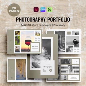 May include: A photography portfolio with a light green cover, featuring the text "PHOTOGRAPHY PORTFOLIO" and "28 PAGES". The portfolio includes images of a wine glass, a landscape, and portraits. The text "A4 & US Letter | Easy to edit | Print ready" is also visible.