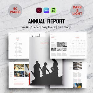 May include: A layout for an annual report with a white and gray color scheme. The cover features a silhouette of construction workers. The report includes the text "ANNUAL REPORT", "40 PAGES", and "A4 & US Letter | Easy to edit | Print ready".