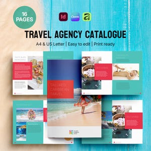 May include: A travel agency catalog with a turquoise and white background. The catalog features images of Caribbean travel, spa treatments, and food. Text includes "Travel Agency Catalogue", "A4 & US Letter", and "Easy to edit".