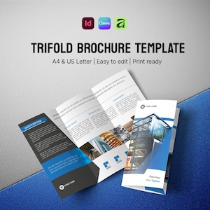 May include: A trifold brochure template featuring blue and white geometric accents, architectural imagery, and placeholder text. The design includes sections labeled Our Purpose, Étude Projet, Estimation, and Lancement, with icons for Adobe InDesign, Canva, and Affinity.