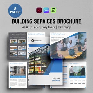 May include: An 8-page building services brochure template in A4 and US Letter sizes. The layout features blue and white accents, text placeholders, and imagery of office meetings, architectural structures, and professional services for editing.