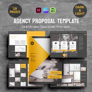 May include: A 28-page agency proposal template featuring a yellow and dark gray color scheme. The document includes A4 and US Letter size options, with layouts for services, packages, and project proposals. Text includes Agency Proposal Template.