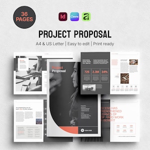Può includere: Un layout di proposta di progetto con il testo "PROJECT PROPOSAL" e "A4 & US Letter | Easy to edit | Print ready." Il design include una copertina con il profilo di una donna e diverse pagine interne con testo e grafica. Il layout è progettato per 36 pagine.