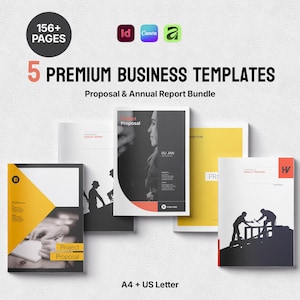 Può includere: Un pacchetto di 5 modelli aziendali premium per proposte e rapporti annuali, con oltre 156 pagine in formato A4 e US Letter. I design presentano layout gialli, neri e bianchi con sagome grafiche e testo come Project Proposal.