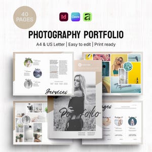 Puede incluir: Diseño de portafolio de fotografía con el texto "PHOTOGRAPHY PORTFOLIO" y "A4 & US Letter | Easy to edit | Print ready". El diseño incluye páginas de muestra con imágenes y texto.