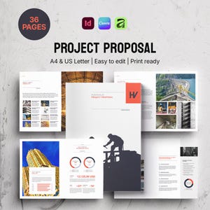 Könnte beinhalten: Eine Projektvorlage mit dem Text "PROJECT PROPOSAL" und "A4 & US Letter | Easy to edit | Print ready". Die Vorlage umfasst 36 Seiten und ist für die Verwendung mit Id, Canva und a konzipiert. Das Dokument enthält Bilder und Infografiken.