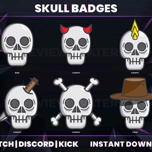 May include: A collection of six skull badges with various designs. The badges include a base skull, a skull with devil horns, a skull with a mohawk, a skull with a knife, a skull with crossbones, and a skull with a hat. Text at the top reads "SKULL BADGES".