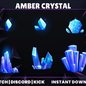 May include: Digital art featuring six blue crystal illustrations with glowing effects, set against a dark background with geometric shapes. The text "AMBER CRYSTAL" is at the top, with "TWITCH | DISCORD | KICK INSTANT DOWNLOAD" at the bottom.