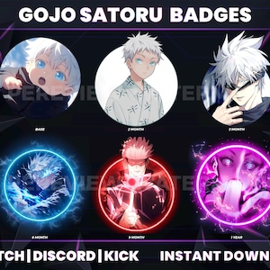 Könnte beinhalten: Werbegrafik mit sechs kreisförmigen Abzeichen mit Illustrationen von Gojo Satoru im Anime-Stil. Die Abzeichen sind mit Monaten beschriftet und von Neonfarben umgeben. Der Text unten lautet "TWITCH | DISCORD | KICK | INSTANT DOWNLOAD."