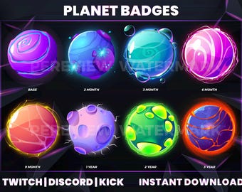 Insignias de Planet Evolution: íconos de subtítulos de Galaxy en Twitch Discord Kick (paquete de 8 niveles)