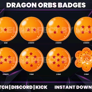 Könnte beinhalten: Grafik mit orangefarbenen Kugeln mit roten Sternen, betitelt "Dragon Orbs Badges". Die Kugeln repräsentieren verschiedene Zeiträume, von "Base" bis "3 Year". Das Bild enthält auch Text für "Twitch", "Discord", "Kick" und "Instant Download".