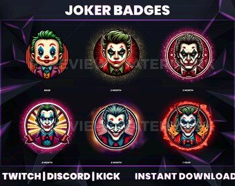 Insignias de suscripción de Twitch de Neon Jester: iconos de fidelidad de streamer (descarga instantánea)