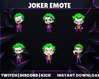 Paquete de gestos del Guasón: Insignias de suscripción de villano de dibujos animados para Twitch, Discord y Kick (descarga digital)