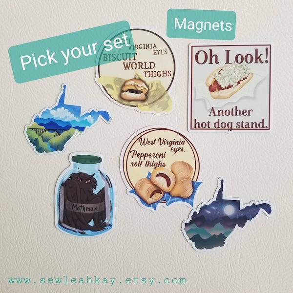 MAGNET: West Virginia Magnets, You Pick Your Set, West Virginia Eyes Biscuit World Thighs Magnet Set, Mothman Magnet, West Virginia State