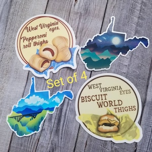 STICKER SET: West Virginia Sticker Set, New River Gorge Sticker, Pepperoni Roll Sticker, Biscuit World Sticker, West Virginia Night Sticker