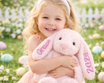 Embroidered Bunny, Custom Monogrammed Bunny Rabbit Plush Toy, Personalized Baby Shower Gift, Newborn Baby Gift, Flower Girl, Keepsake Toy