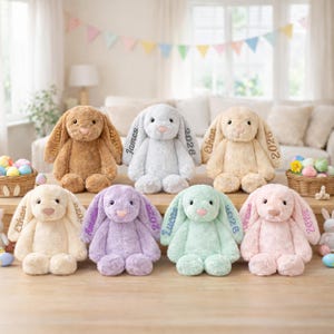 May include: A collection of plush bunny rabbits in various pastel colors, including brown, white, yellow, lavender, mint green, and pink. Each bunny has a name and the year 2026 embroidered on its ear. The bunnies are arranged on a wooden surface.