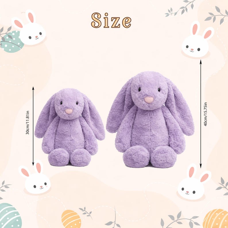 May include: Two plush lavender bunny rabbits. The smaller bunny is 11.81 inches tall, and the larger bunny is 15.75 inches tall. The bunnies have long floppy ears, pink noses, and are surrounded by decorative bunny and egg illustrations.