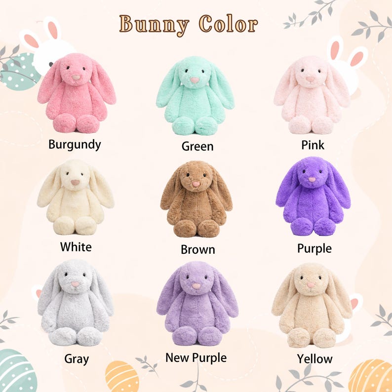 May include: Nine plush bunny rabbits in various colors, including burgundy, green, pink, white, brown, purple, gray, new purple, and yellow. The text "Bunny Color" is at the top of the image.