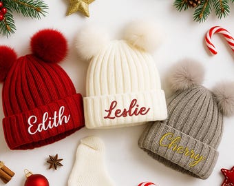 Embroidered Baby Name Beanie, Custom Knit Hat with Pompom, Personalized Winter Hat for Kids,  Hand-Woven Newborn Gift, Baby Shower Gift