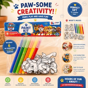 Kit de pintura de PAW Patrol para niños / Rotuladores lavables / Personajes para colorear en 3D / Regalo creativo para niños / Paquete de actividades para niños