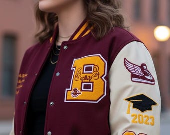 Custom Maroon Varsity Jacket with Chenille B Patch Graduation Year Team Number Personalized Letterman Jacket with Custom Logo Chenille Patch