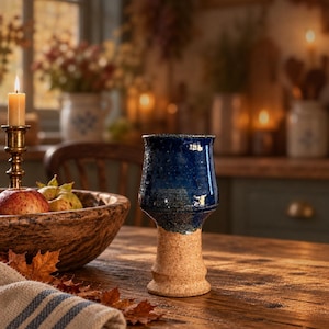 Vintage New England Studio Pottery Goblet  | Handmade Stoneware | Cobalt Blue Glazed | Rustic Earthy Chalice