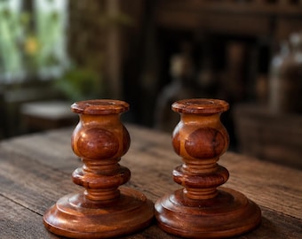 Vintage Hand-Turned Wood Candlestick Holder |  Pair — Baluster Form | Warm Amber Tone | Cottage Decor