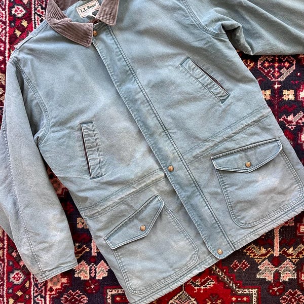 Vintage L.L. Bean Sherpa Lined Barn Coat |  Faded Teal Canvas | Corduroy Collar | 1980s