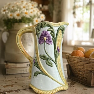 Vintage 1992 Seymour Mann Hand-Painted Majolica Pitcher -|Art Nouveau Style Floral Ceramic Jug |  Cottagecore