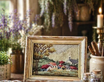 Vintage Framed Needlepoint |  Hand Stitched | Cottage Village Scene