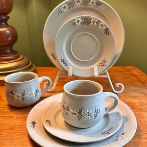 May include: A ceramic dinnerware set featuring a light gray speckled finish with hand-painted edelweiss flowers and small colorful floral accents. The set includes two cups, two saucers, and two plates, with one saucer and plate displayed on a white wire stand.