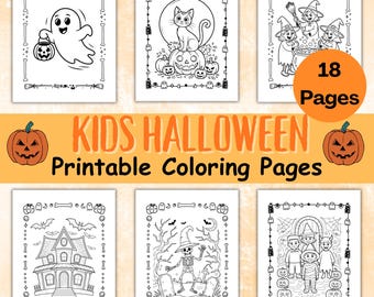 May include: A collection of six black and white Halloween-themed coloring pages for kids. The pages feature illustrations of a ghost, cat on a pumpkin, witches, haunted house, skeleton, and trick-or-treaters. The text "KIDS HALLOWEEN Printable Coloring Pages" is also visible.