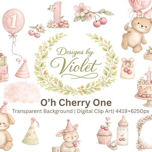 Peut inclure: Illustrations à l'aquarelle sur le thème 'O'h Cherry One'. L'image comprend un ours en peluche tenant un ballon, un lapin avec un chapeau de fête, un gâteau avec une bougie numéro un et des boîtes cadeaux. Le design a un fond transparent.