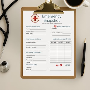 May include: A clipboard with an "Emergency Snapshot" form, featuring sections for patient information, emergency contacts, and medication details. The form includes a red cross symbol and the text "Keep on fridge or take to appointments."