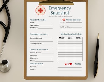 May include: A clipboard with an "Emergency Snapshot" form, featuring sections for patient information, emergency contacts, and medication details. The form includes a red cross symbol and the text "Keep on fridge or take to appointments."