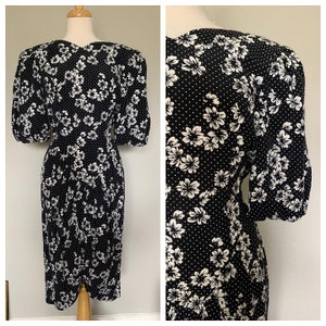 80s Black and White Graphic Floral and Polka Dot Puff Sleeve Dress image 1
