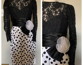 80s Black and White Polka Dot and Lace Cocktail Party Dress Bonwit Teller