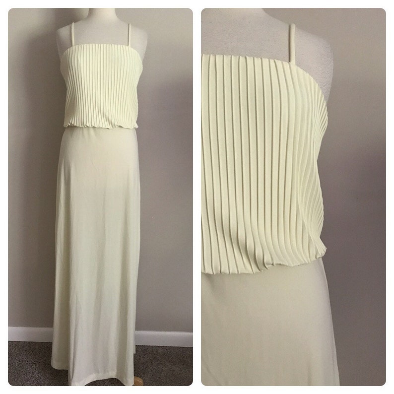 70s Cream Maxi Gown With Accordion Pleat Bodice Minimalist Etsy