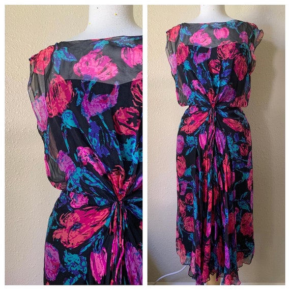 60s Frank Starr Floral Silk Chiffon Cocktail Dress