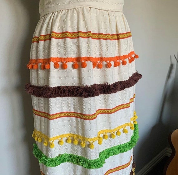 60s Handmade OAK Pom Pom and Fringe Maxi Dress, 6… - image 3